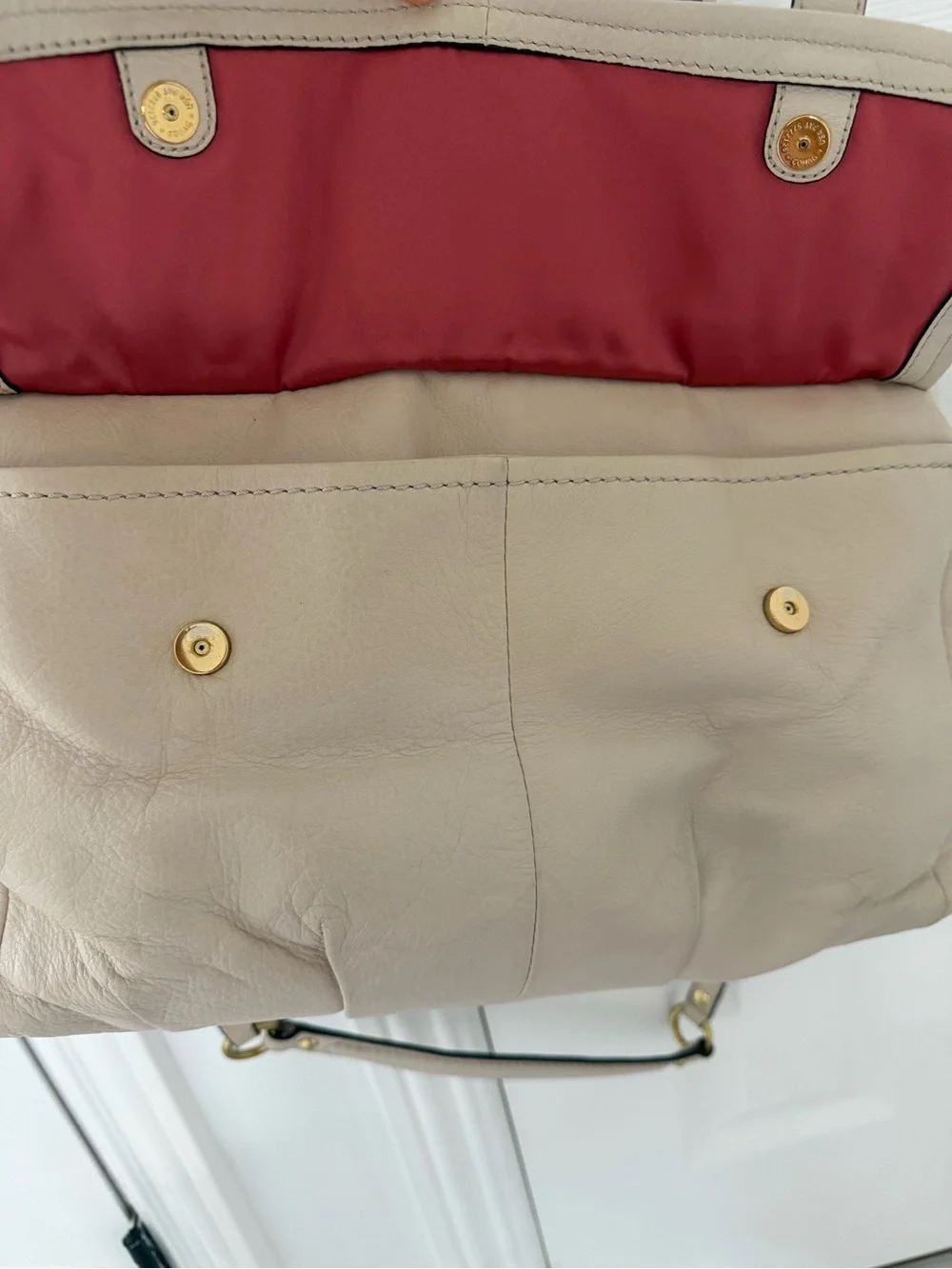 Coach Cream Leather Handbag with Rose-Pink Satin Interior and Gold Snap
